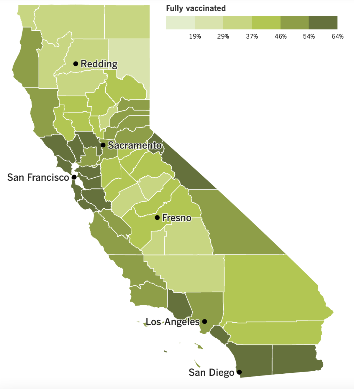 A map of California showing COVID-19 vaccination rate by county.