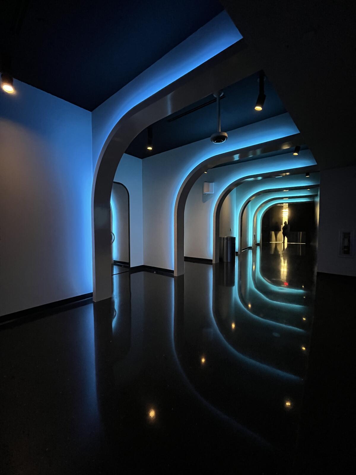 A person opens a door at the end of a hallway trimmed in blue neon light that is reflected on the shiny black floors.