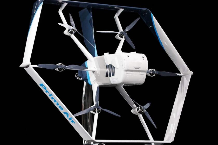 In this image released by Amazon, the company unveils its newest drone design for its "Prime Air" fleet at the Machine Learning, Automation, Robotics and Space conference "re: Mars" in Las Vegas on June 5, 2016. - Amazon said Wednesday it expects to begin large-scale deliveries by drone in the coming months. (Photo by JORDAN STEAD / Amazon / AFP) / RESTRICTED TO EDITORIAL USE - MANDATORY CREDIT "AFP PHOTO / Amazon / JORDAN STEAD" - NO MARKETING NO ADVERTISING CAMPAIGNS - DISTRIBUTED AS A SERVICE TO CLIENTSJORDAN STEAD/AFP/Getty Images ** OUTS - ELSENT, FPG, CM - OUTS * NM, PH, VA if sourced by CT, LA or MoD **