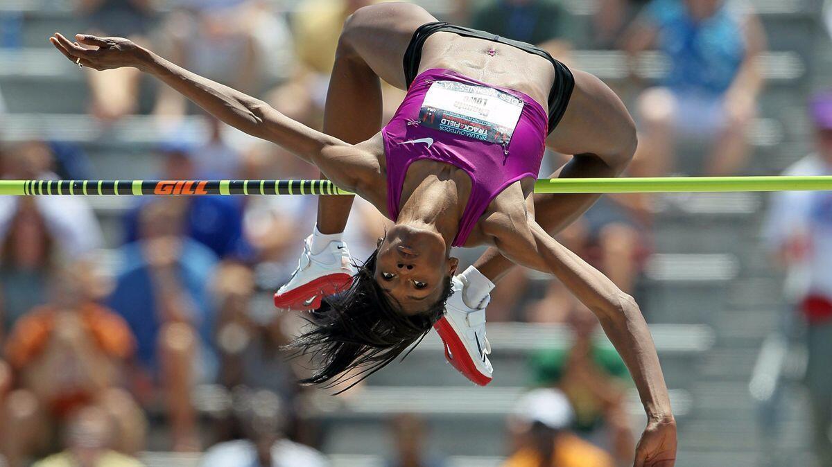 Chaunté Lowe leaps to an American record in the Women's high jump during the 2010 USA Outdoor Track & Field Championships at Drake Stadium in Des Moines, Iowa.