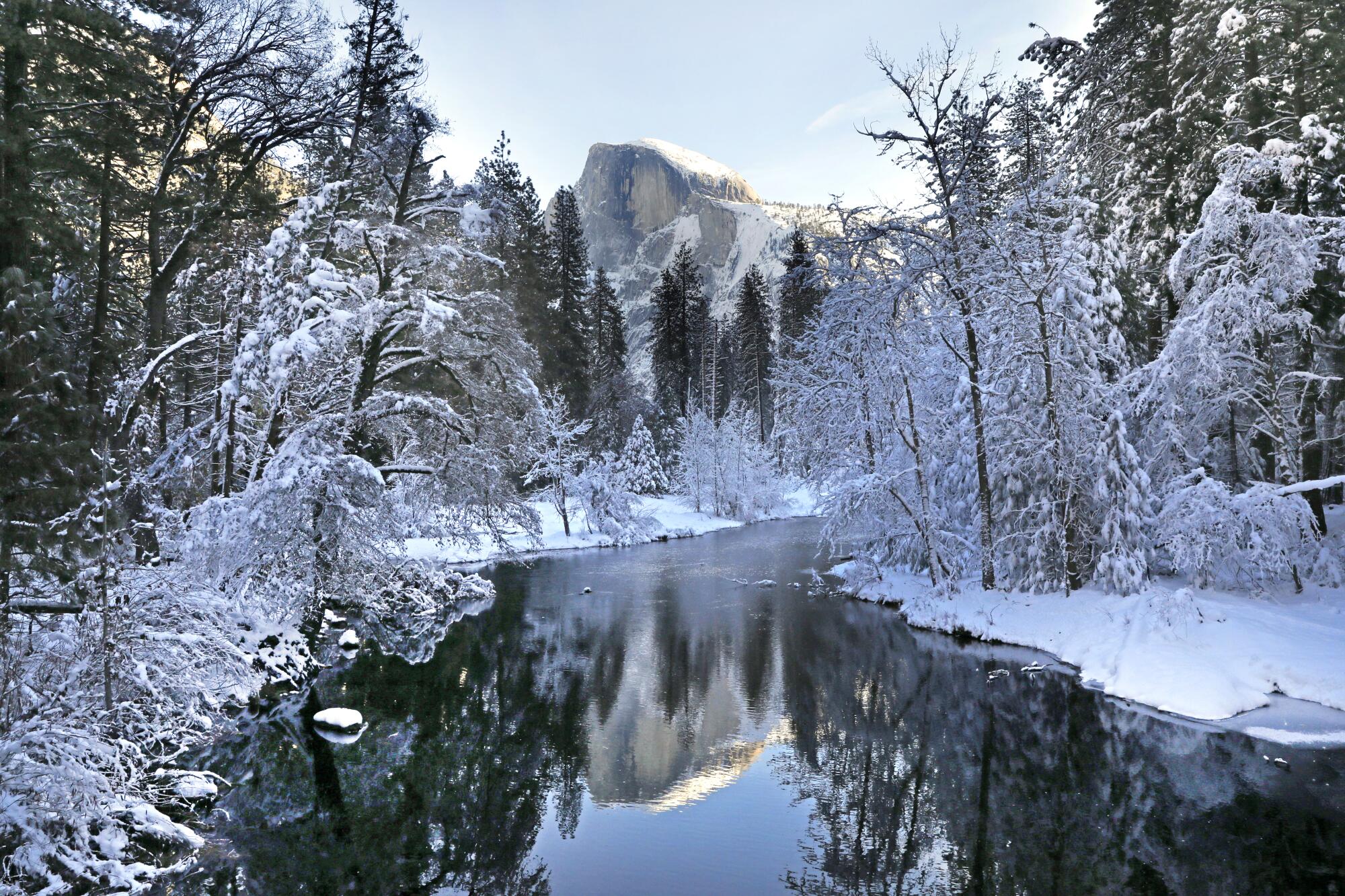 A snowy Half Dome is reflected in the river.