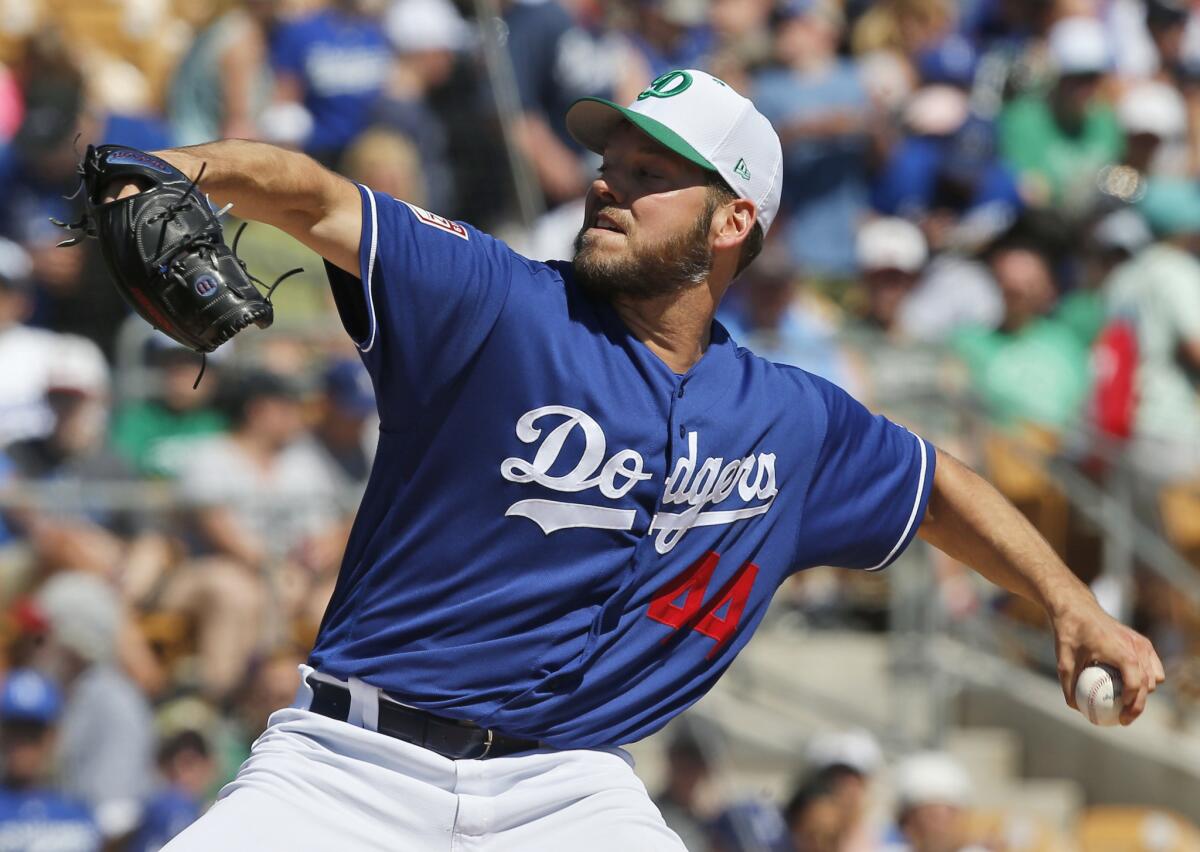 Dodgers starting pitcher Rich Hill suffered the injury near the end of his spring training start against the Milwaukee Brewers on March 17 in Glendale, Ariz.