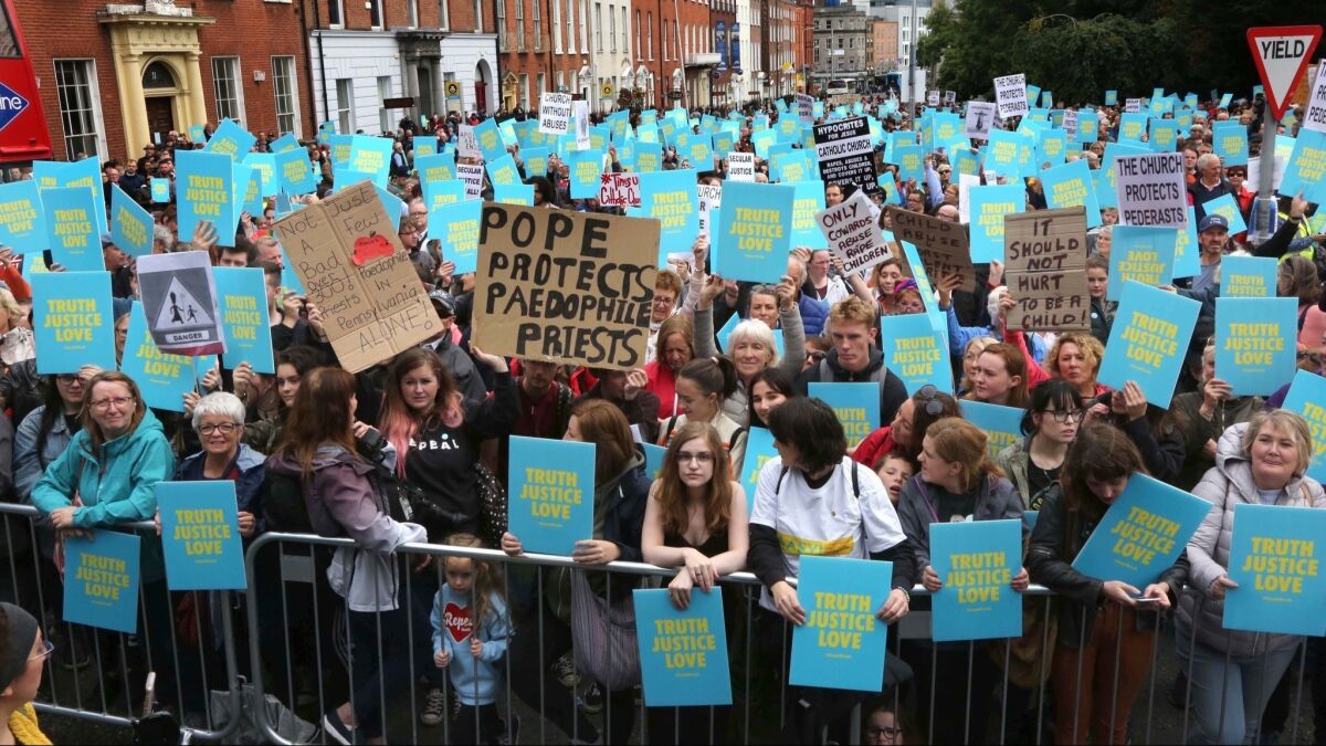 Protesters demonstrate against clerical sex abuse on Aug. 26, 2018, in Dublin, Ireland, as Pope Francis visits the once-fervently Catholic country.