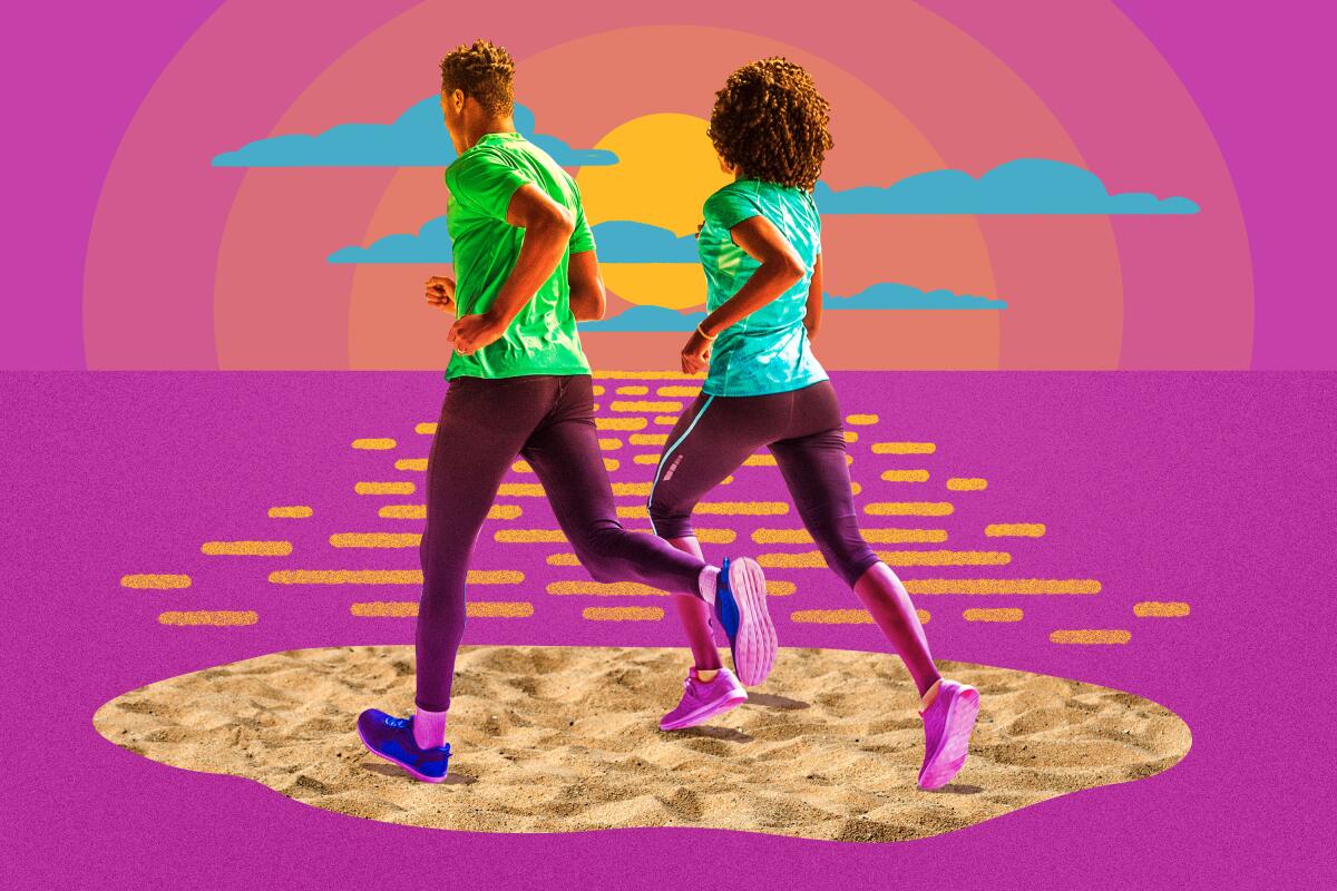 A collage of two people running on the sand, with the sea and the sunset behind them.