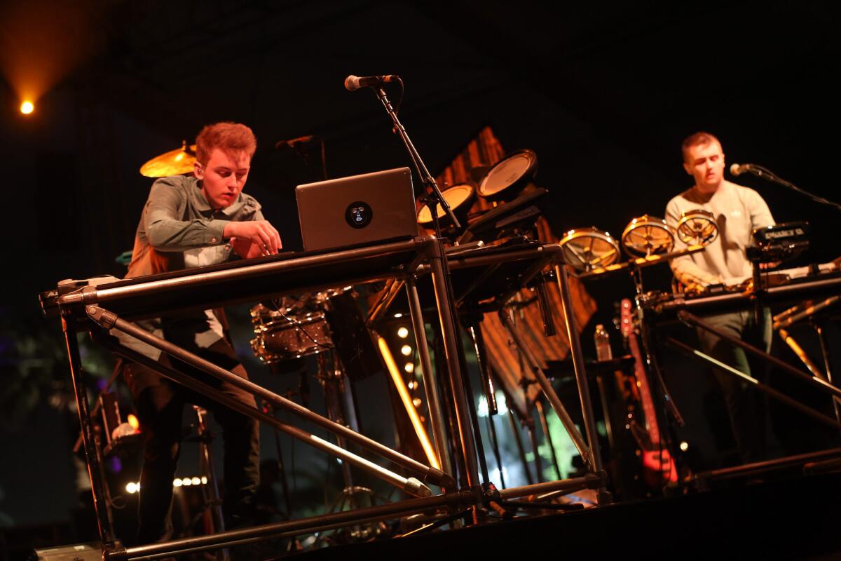 Guy Lawrence, left, and Howard Lawrence of Disclosure during the first weekend of the Coachella Valley Music and Arts Festival on April 14, 2013 in Indio.