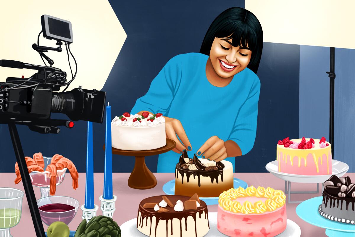 A Hollywood food stylist decorating a lot of cakes on a table. 