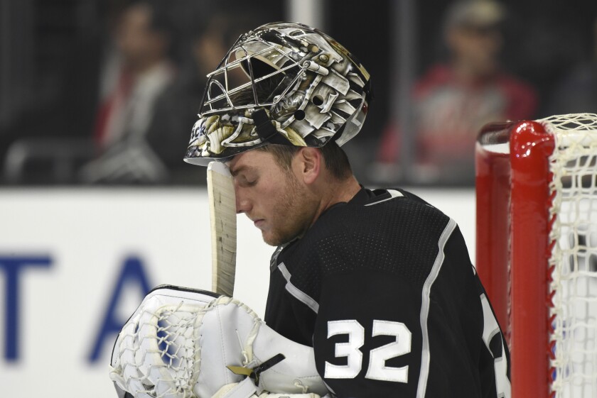 Kings goalie Jonathan Quick during a break from his team's 5-2 loss to the Vegas Golden Knights on Sunday at Staples Center.