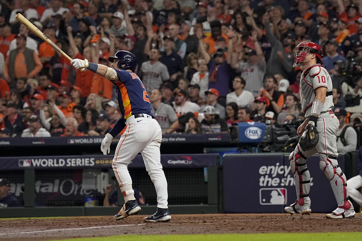 Astros burst ahead, beat Phillies to tie World Series at one-all - Los  Angeles Times
