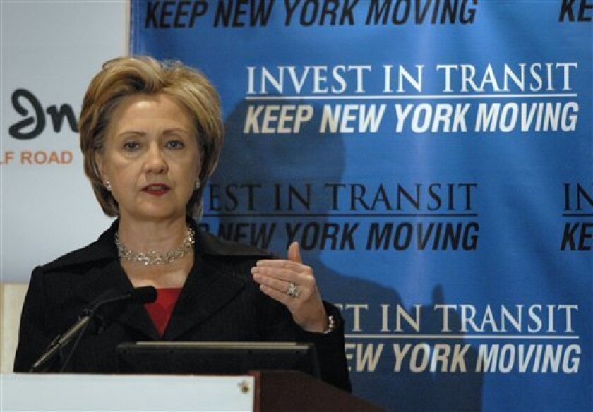 Sen. Hillary Rodham Clinton, D-N.Y., speaks at a New York Public Transit Association conference in Albany on Friday, Nov. 14, 2008. Clinton said she would not comment on speculation that she may be selected to become secretary of state. (AP Photo/Tim Roske)