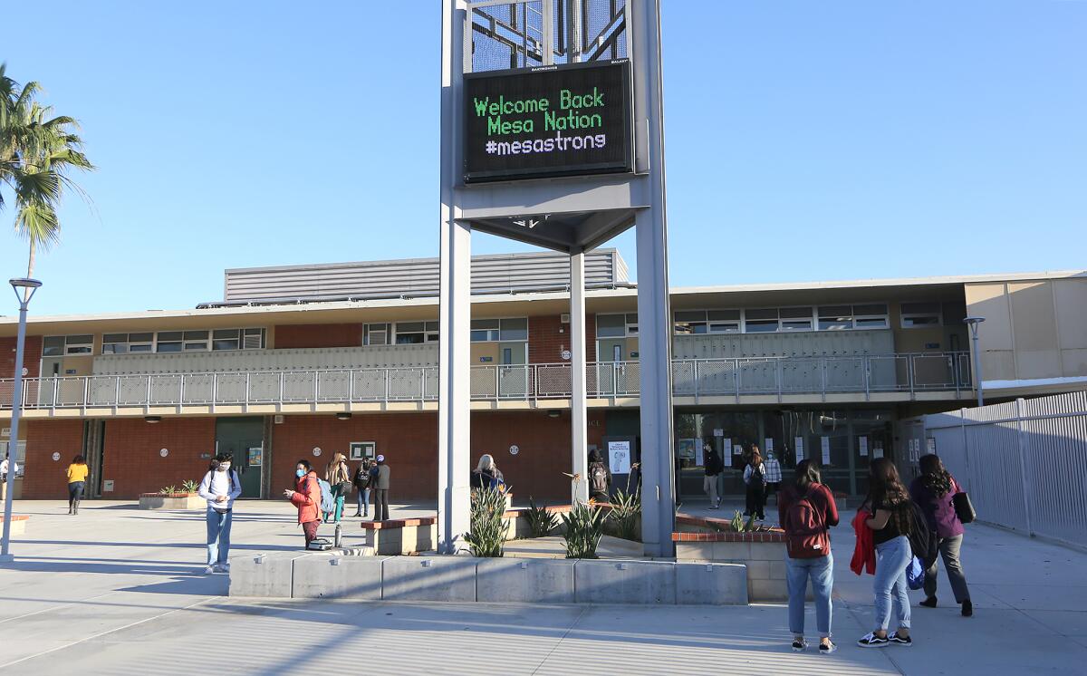Costa Mesa High School, seen in November 2020, was a crime scene Friday as two minors were arrested following a fight.