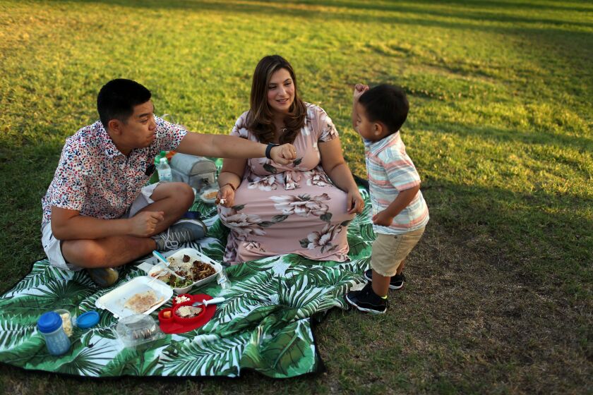 LOS ANGELES, CA - SEPTEMBER 04: Kevin, Stephanie and their son Kruz Zapata, 2, eat a picnic at the Monrovia public library in Monrovia on Friday, Sept. 4, 2020 in Los Angeles, CA.Stephanie's second baby is due in December and Kevin will have job protections in order to take family leave under a bill Gov. Gavin Newsom is expected to sign that will give millions of workers at smaller businesses job protections for parental leave. (Dania Maxwell / Los Angeles Times)