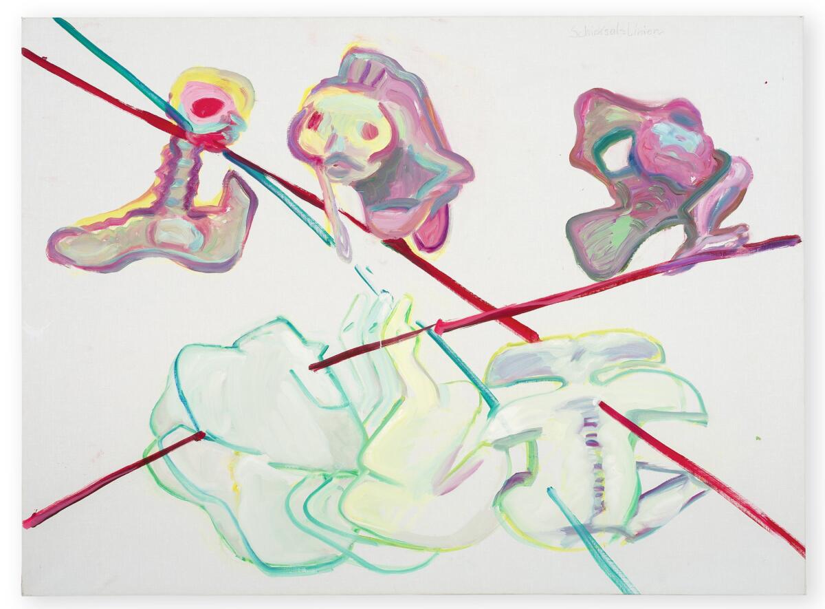 Maria Lassnig's “Lines of Fate/Re-lations VIII,” 1994, oil on canvas, 59 inches by 893/4 inches. (Mumok, Vienna, Lisa Rasti, Lena Deinhardstein)