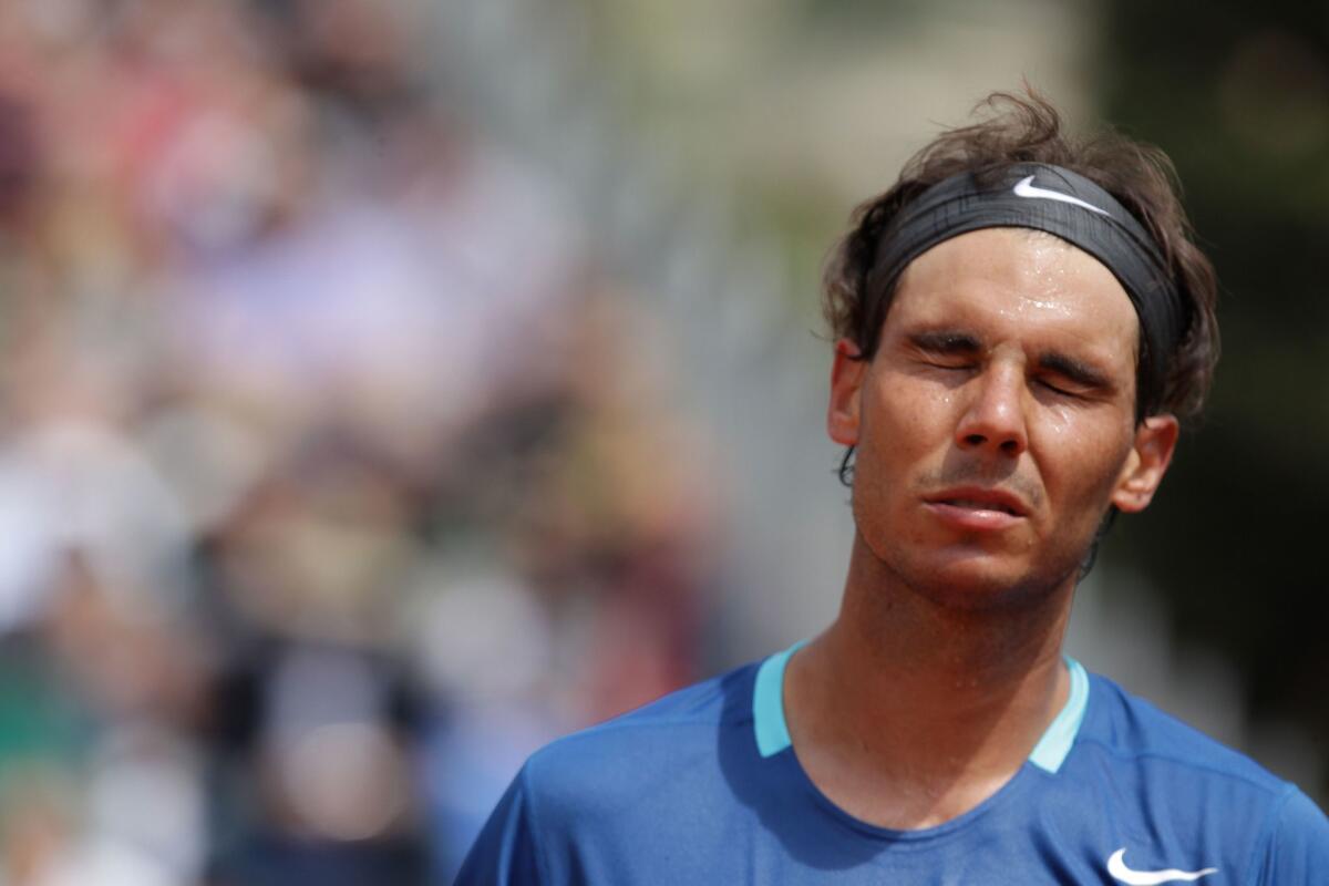 Rafael Nadal reacts during a Monte-Carlo ATP Masters Series tennis match against David Ferrer on April 18 in Monaco.