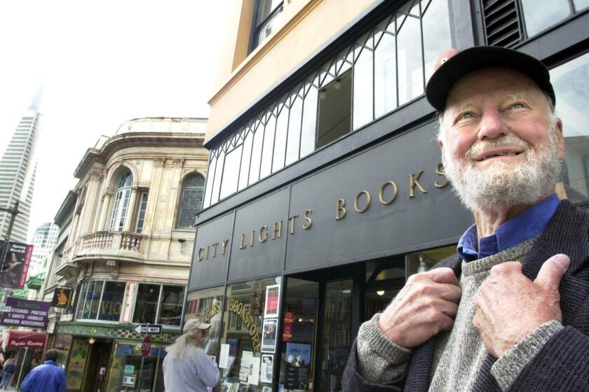 Owner Lawrence Ferlinghetti in front of City Lights Bookstore in San Francisco, May 29, 2003.  PHOTO CREDIT: Christina Koci Hernandez/San Francisco Chronicle