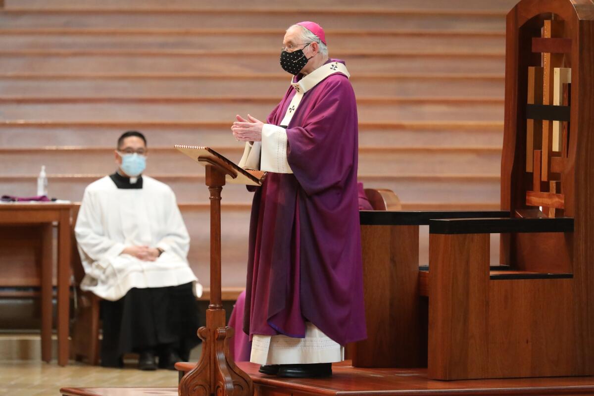 Archbishop of Los Angeles Jose Gomez leads an Ash Wednesday service on Feb. 17