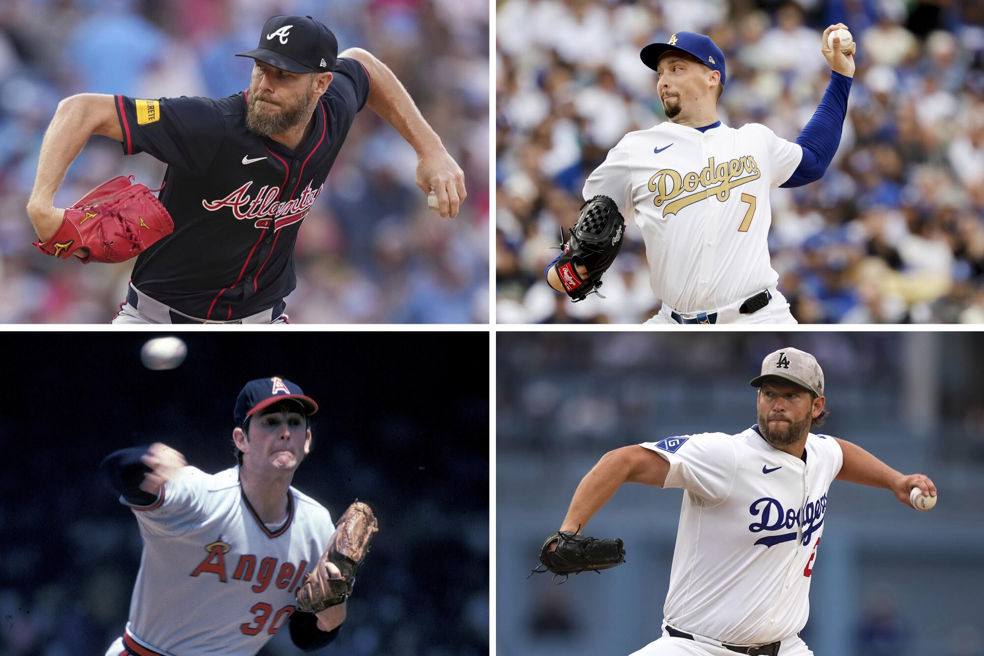 Four pictures of men pitching: Braves' Chris Sale; Dodgers Blake Snell and Clayton Kershaw; and Angels' Nolan Ryan.