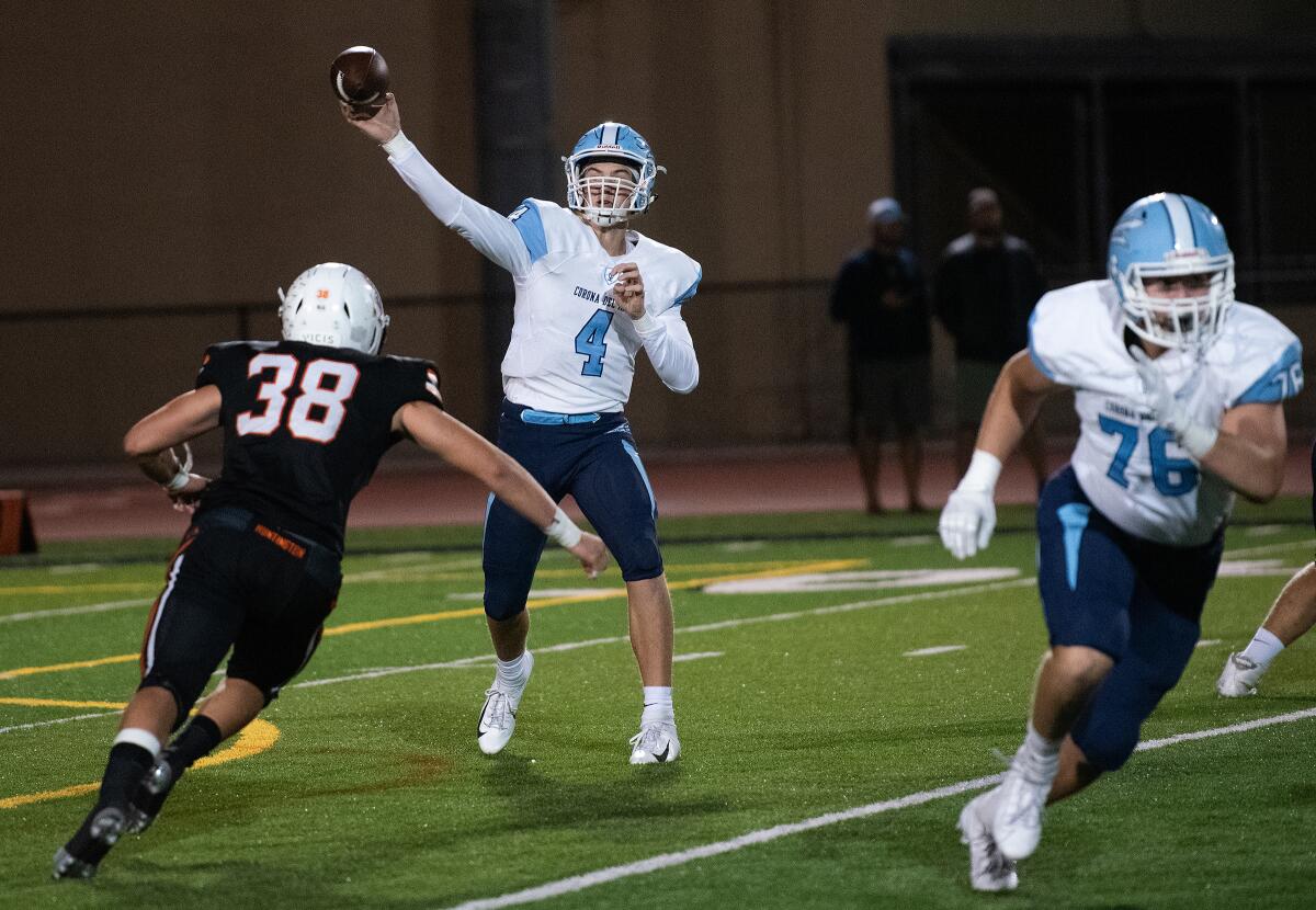 Ethan Garbers throws the ball in Corona del Mar's Sunset League opener at Huntington Beach on Thursday.