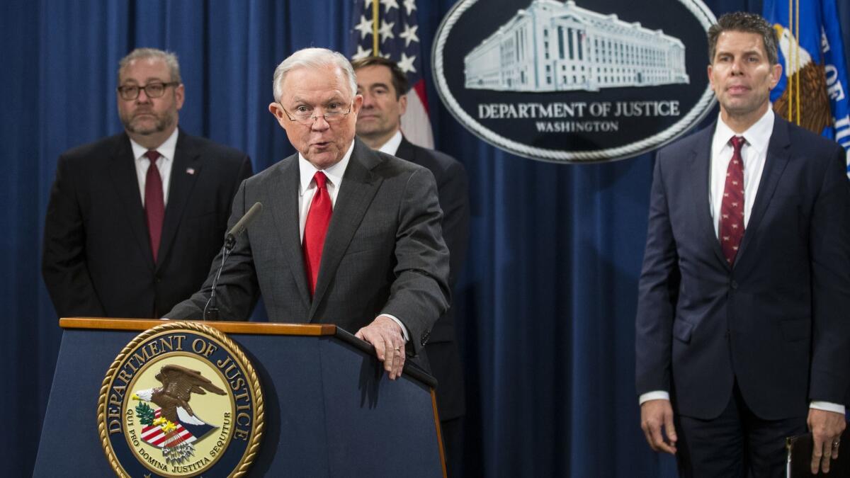 Atty. Gen. Jeff Sessions speaks during a Nov. 1 news conference in Washington regarding new actions against China in connection with economic espionage.