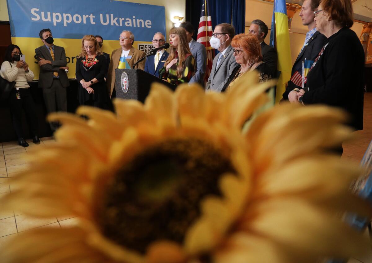 Iryna Vasylkova speaks at a podium