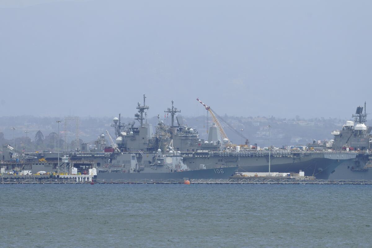 The USS Boxer remains tied up pier side at Naval Base San Diego on Tuesday, April 23, 2024 in San Diego, CA. 