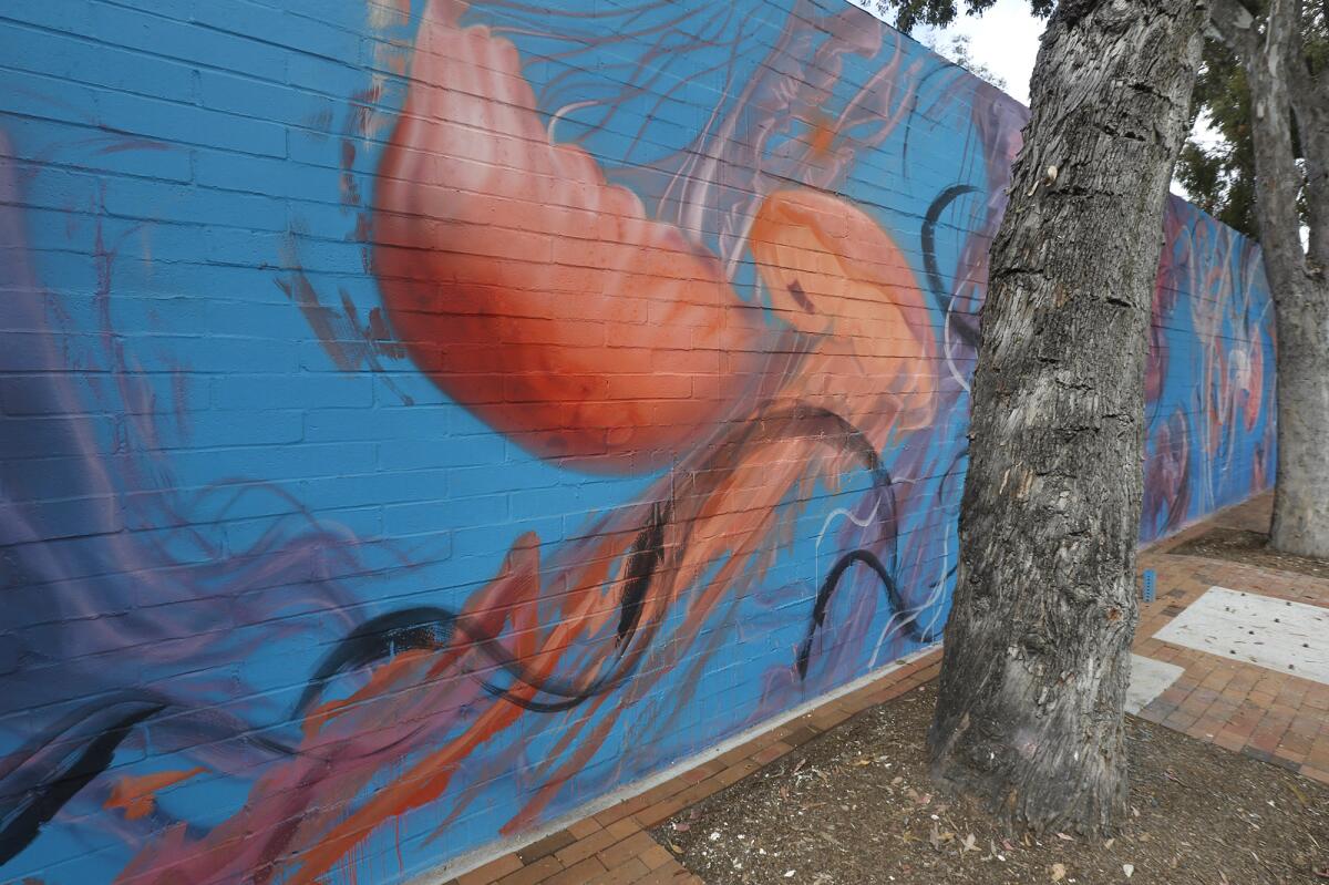 The new ocean conservation mural featuring the Pacific Sea Nettle jellyfish by artist Sonny Behan in Laguna Beach.