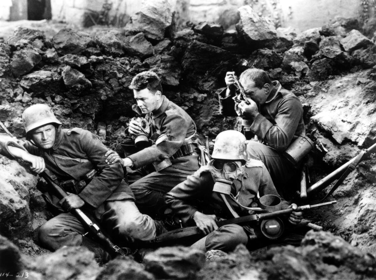 German soldiers in a World War I trench in a scene from 1930's "All Quiet on the Western Front”