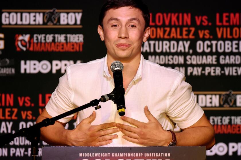 Gennady Golovkin speaks at a news conference in August.