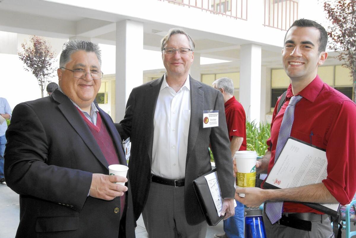 Andrew Blumenfeld, right, pictured with Ret. assemblymember Anthony Portantino, left, and attorney David Sagal, center, at La Cañada High School's first Be The Change Day on Wednesday, May 21, 2014. Blumenfeld has announced plans to run for California's 43rd Assembly District in 2016.