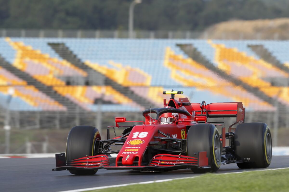 Ferrari driver Charles Leclerc of Monaco steers his car during a practice session at the Istanbul Park circuit racetrack in Istanbul, Friday, Nov. 13, 2020. The Formula One Turkish Grand Prix will take place on Sunday. (Murad Sezer/Pool via AP)