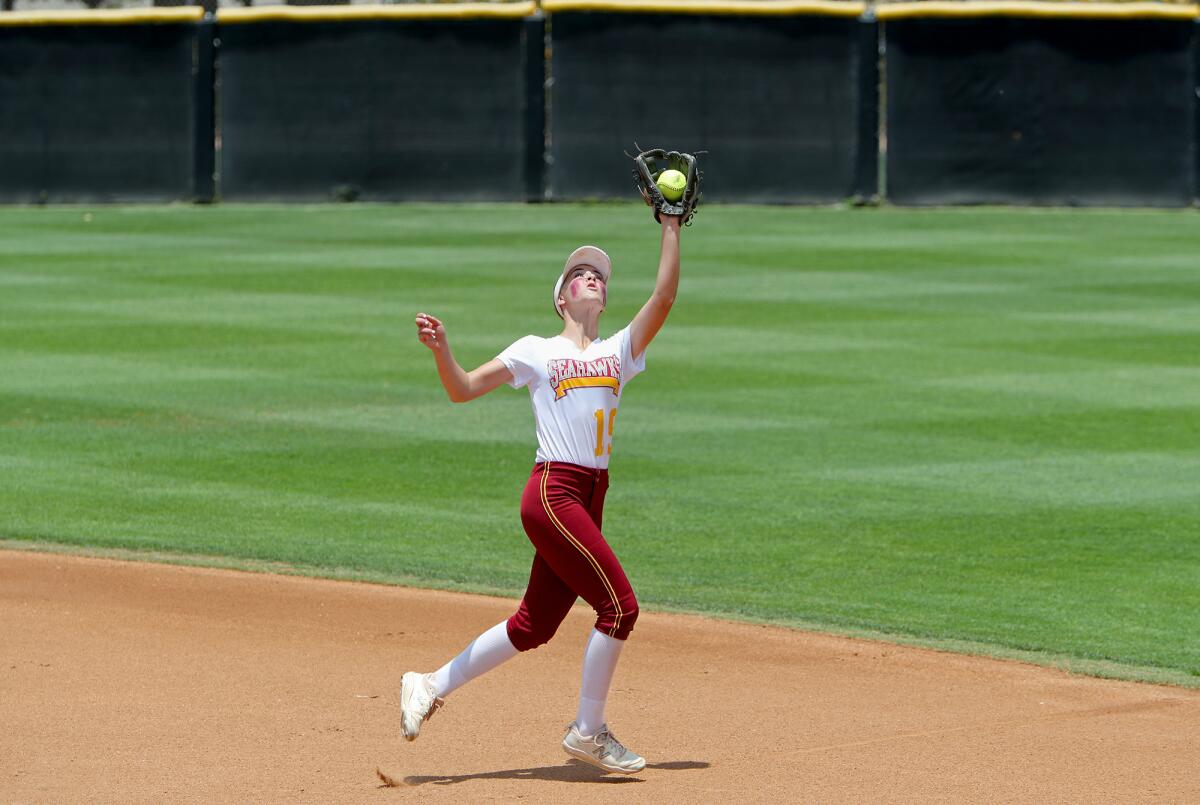 Ocean View freshman Sienna Erskine makes the catch before throwing to first base to complete a double play.