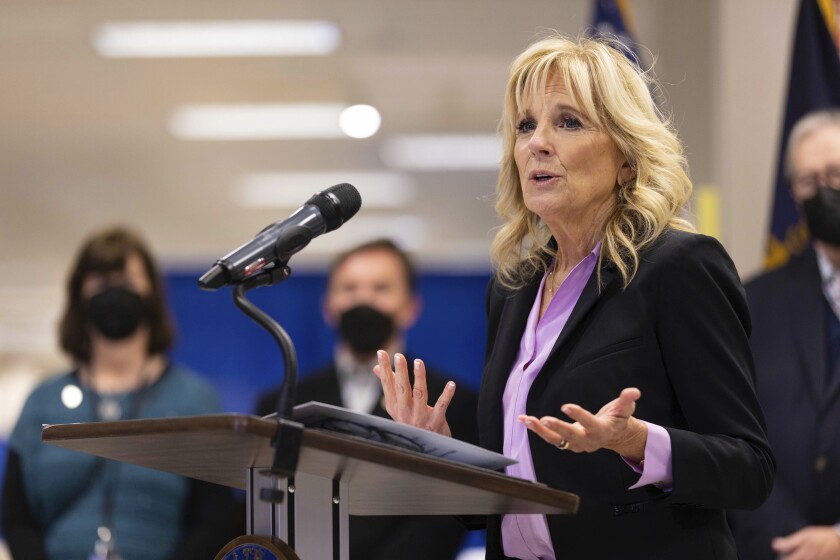 First lady Jill Biden delivers remarks at the FEMA State Disaster Recovery Center in Bowling Green, Ky., Friday, Jan. 14, 2022. Jill Biden visited a tornado ravaged neighborhood in Kentucky on Friday to meet with residents and local leaders. (AP Photo/Michael Clubb)