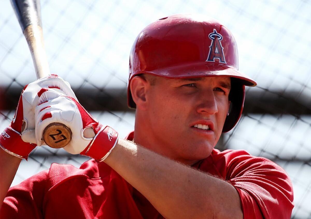 Angels center fielder Mike Trout takes batting practice.