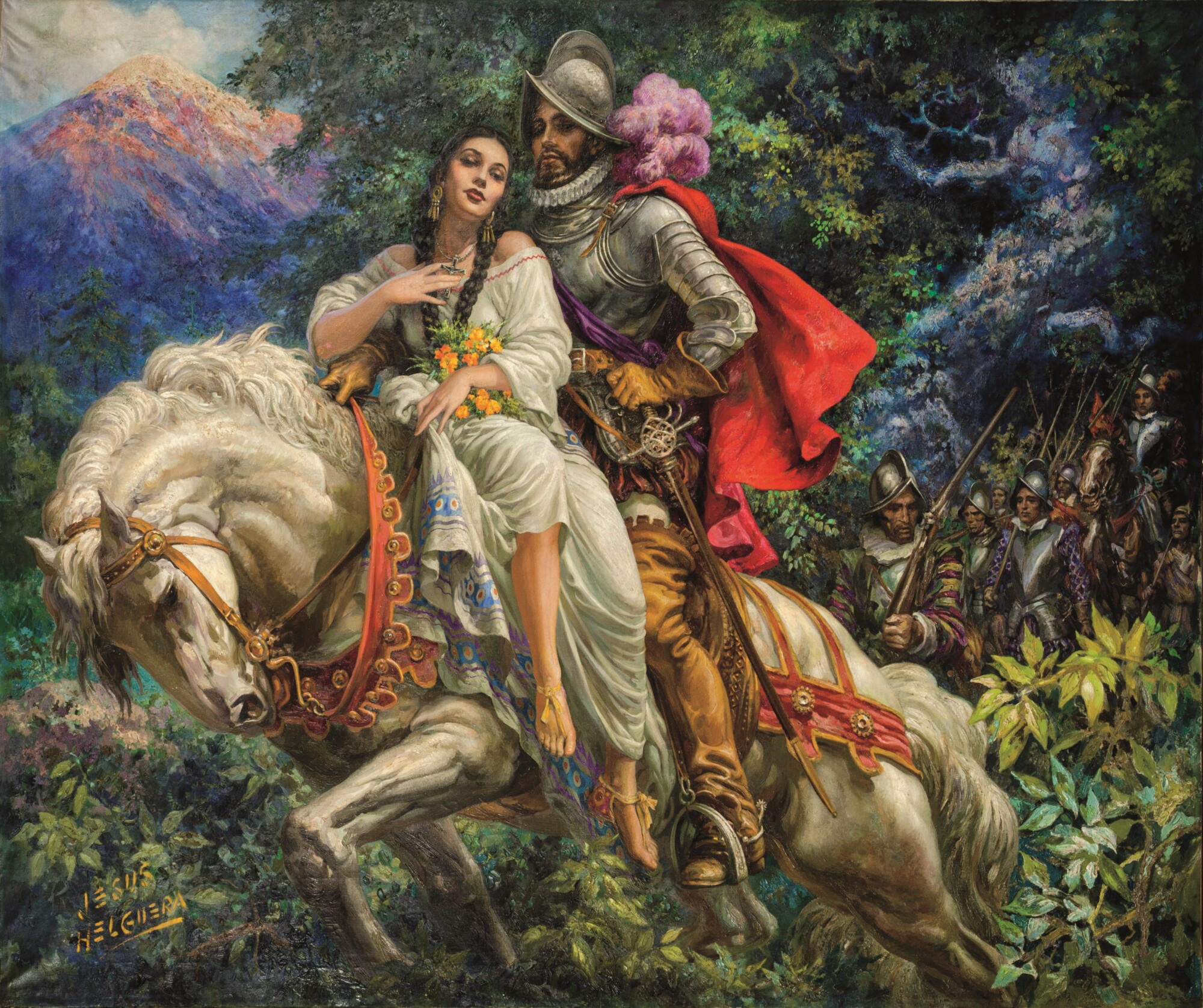 A painting shows a woman in white Indigenous dress on a white horse in the arms of a conquistador