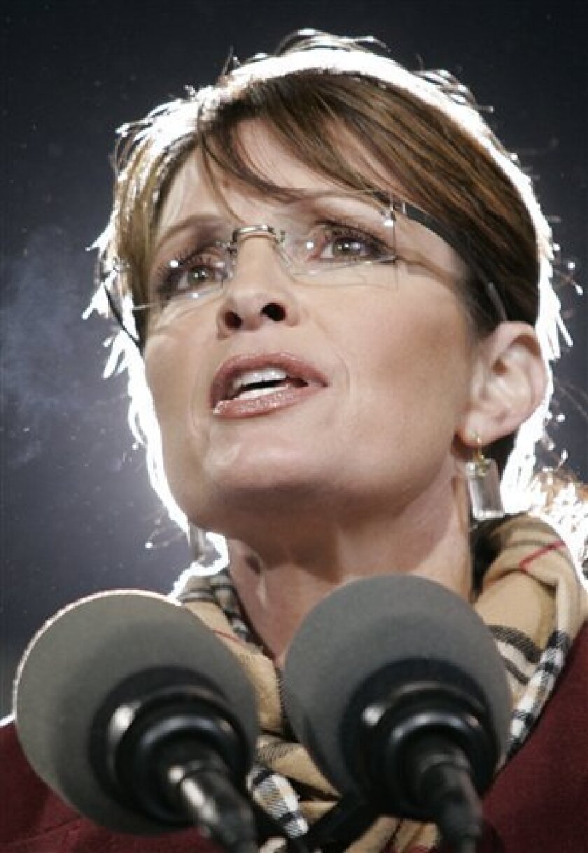 Republican vice presidential candidate, Alaska Gov. Sarah Palin, speaks during a rally at Deep Run High school in Richmond, Va., Saturday, Nov. 1, 2008. (AP Photo/Steve Helber)