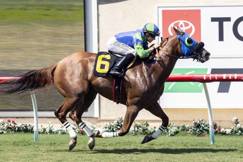 In this image provided by Benoit Photo, Mr Vargas (6), with Joseph Talamo aboard, wins the Grade III, $100,000 Green Flash Handicap horse race Saturday, Aug. 17, 2019, at Del Mar Thoroughbred Club in Del Mar, Calif. (Benoit Photo via AP)