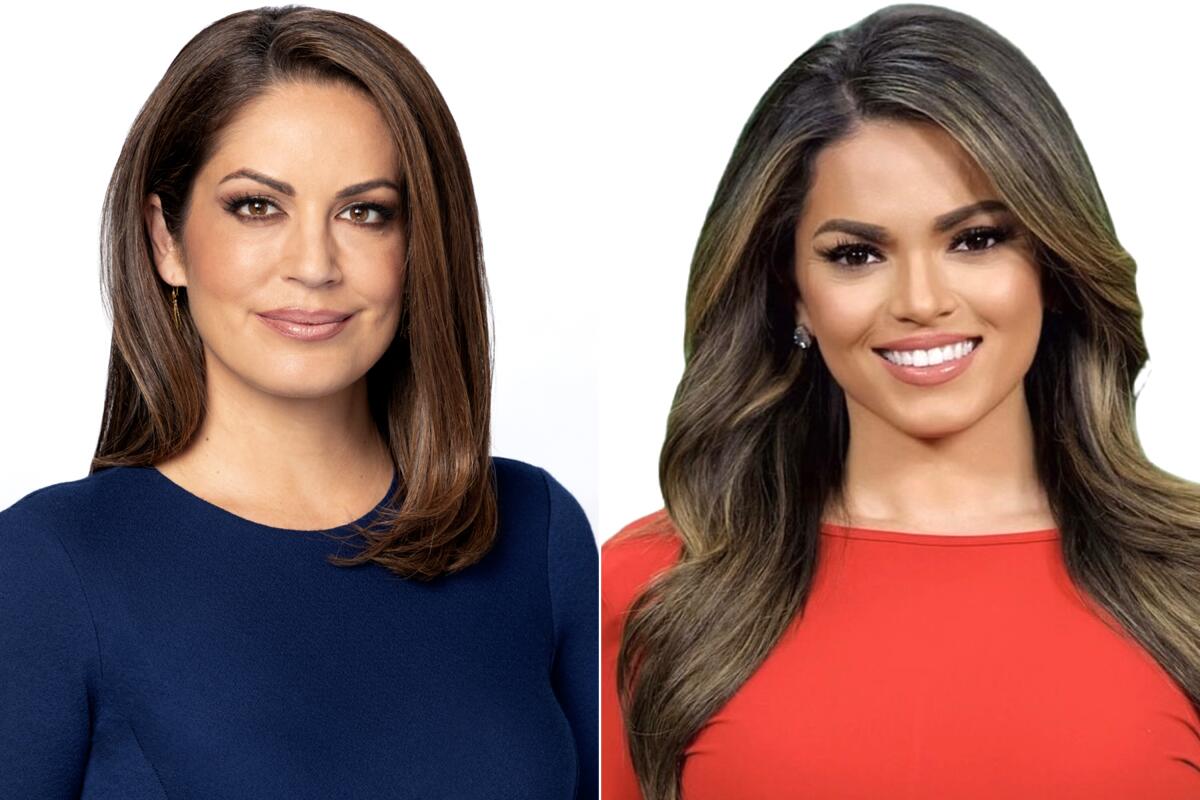 Side-by-side portraits of two smiling women, both with long brown hair