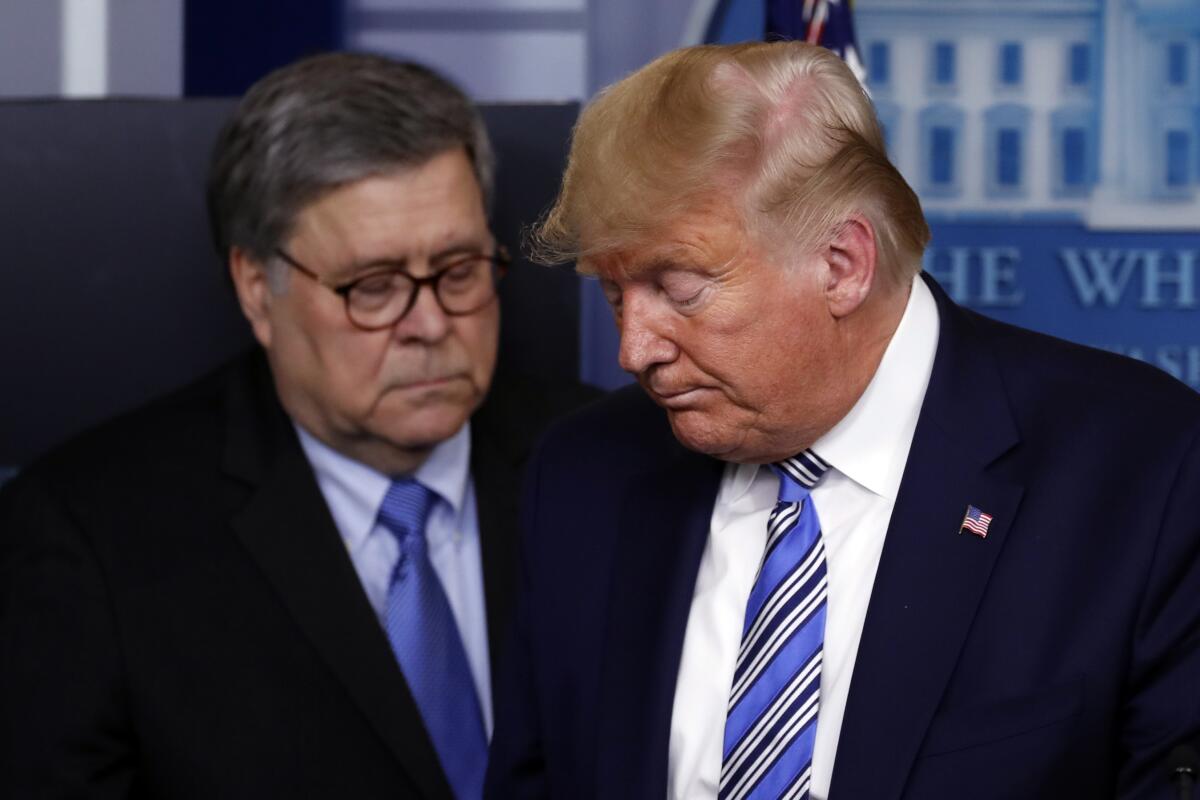 President Donald Trump moves from a  White House podium to allow Atty. Gen. William Barr to speak.  