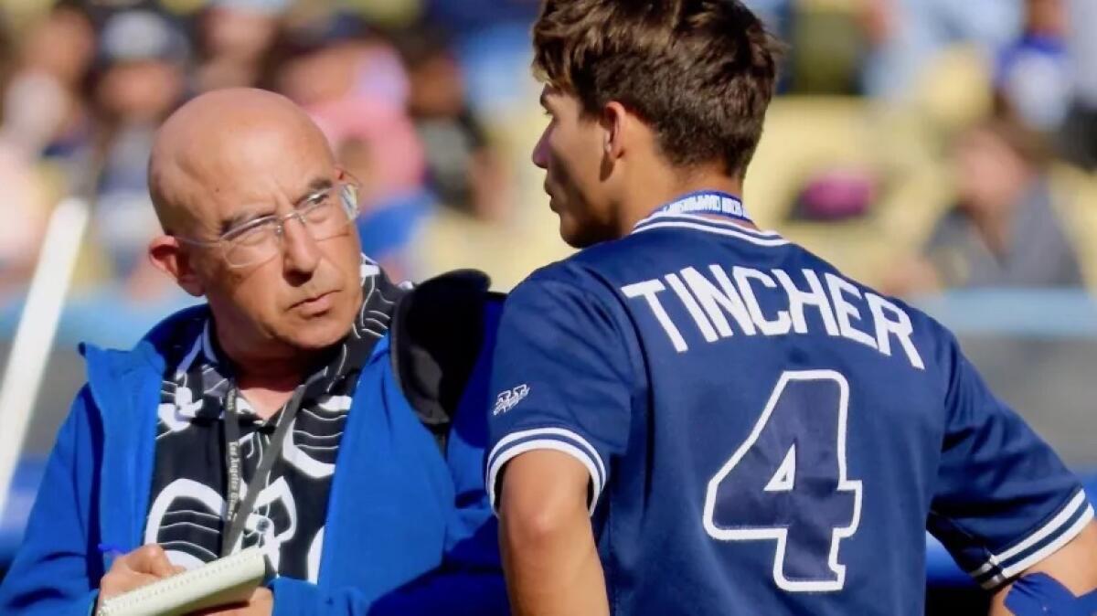 Birmingham catcher Johnny Tincher being interviewed by Eric Sondheimer after 2019 City championship game.