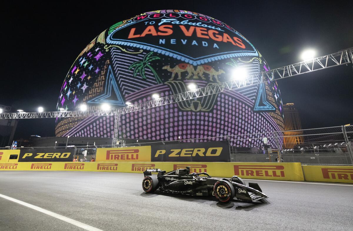 Alfa Romeo driver Valtteri Bottas passes by Sphere in Las Vegas