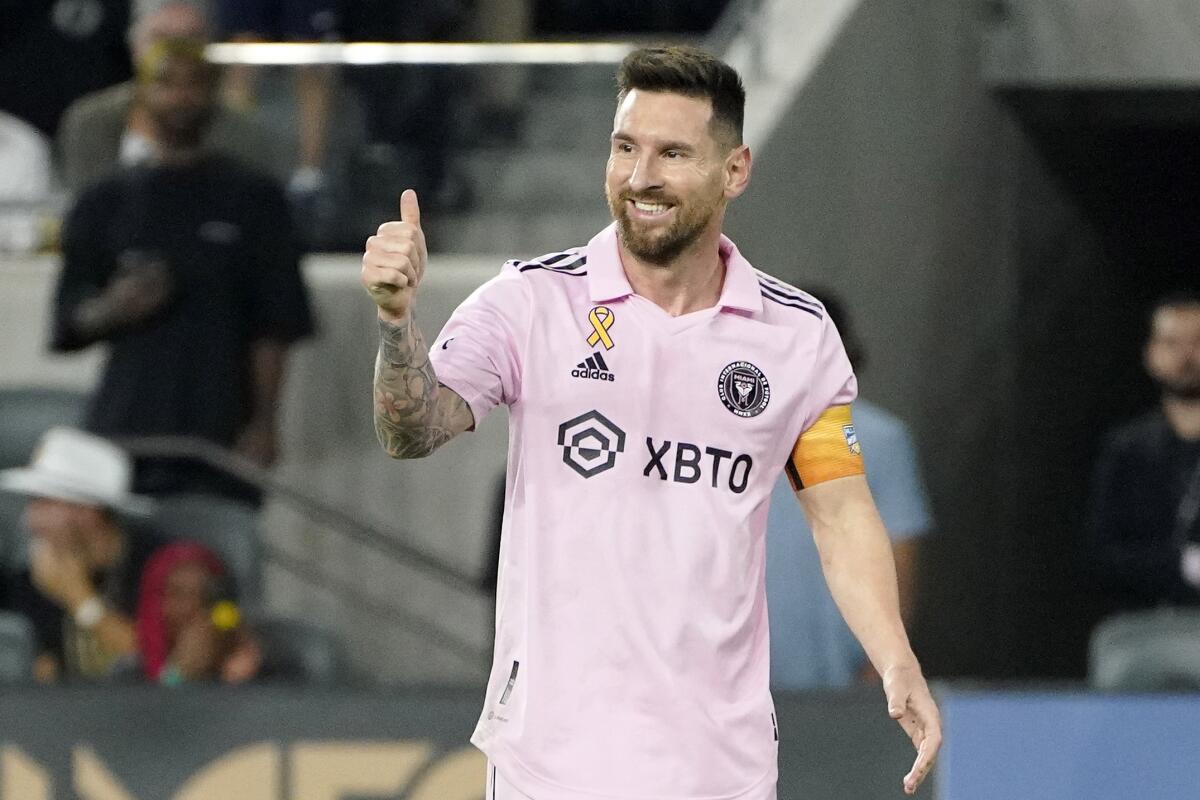 Inter Miami forward Lionel Messi flashing a thumbs-up during a match against LAFC on Sept. 3