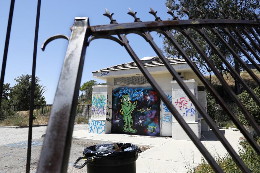 PACIFIC PALISADES-CA-MAY 13, 2022: The public restroom and parking lot at the trailhead for the Temescal Canyon Ridge Trail in Pacific Palisades is photographed on Friday, May 13, 2022. (Christina House / Los Angeles Times)