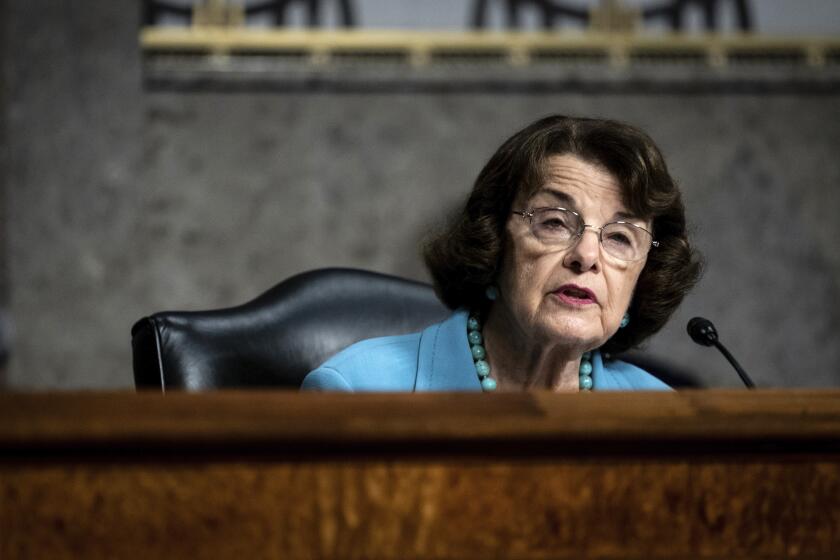Sen. Dianne Feinstein, D-Calif. speaks during a Senate Judiciary Committee oversight hearing on Capitol Hill in Washington, Wednesday, Aug. 5, 2020, to examine the Crossfire Hurricane investigation. (Erin Schaff/The New York Times via AP)