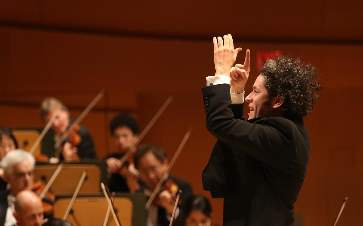 Los Angeles Philharmonic Music Director Gustavo Dudamel, conducting Friday night. (Allen J. Schaben / Los Angeles Times)