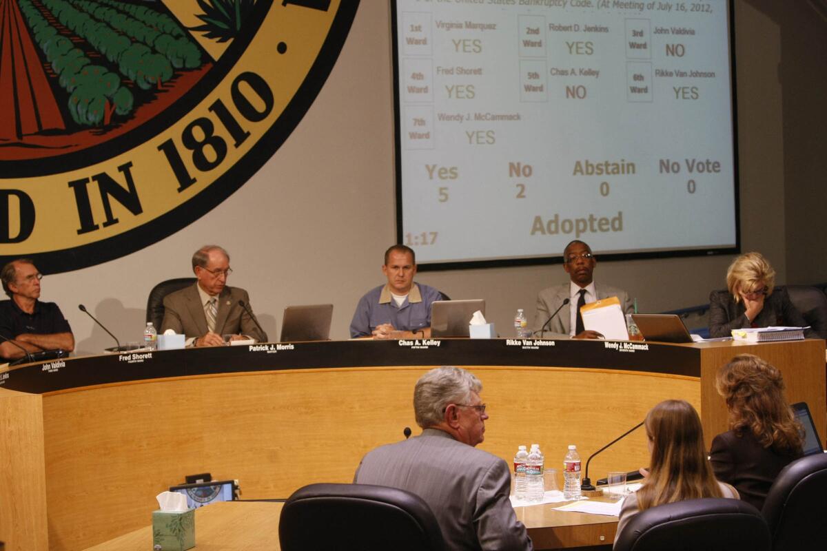 The San Bernardino City Council voted to file for bankruptcy protection in July 2012.