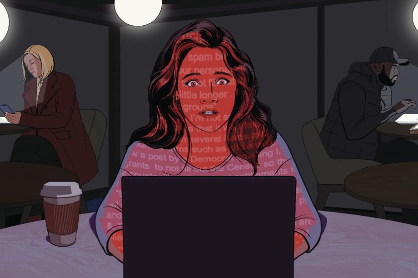 Illustration of a woman in front of a laptop with her face lit up by a red glow with words from Facebook Papers overlayed.