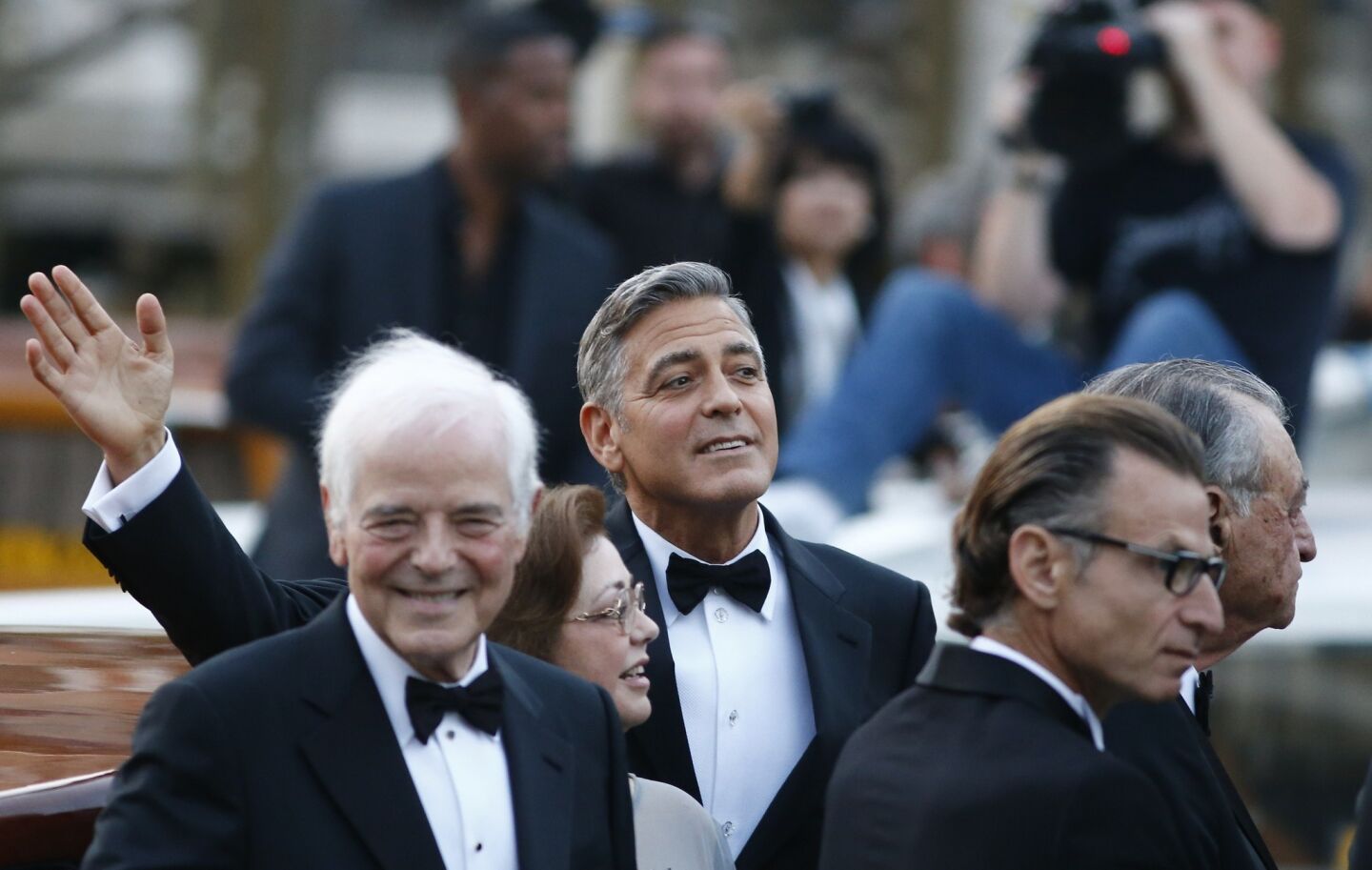 George Clooney and his dad Nick Clooney, left, arrive at the hotel where the Oscar winner's wedding to Amal Alamuddin will be held.