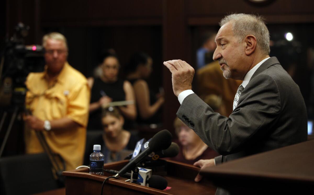 Attorney Mark Geragos, representing fired teacher Rafe Esquith, announces the filing of a class action lawsuit on behalf of Esquith and other fired teachers accusing the LAUSD of wrongdoing.