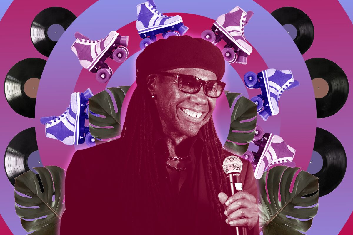Nile Rodgers is surrounded by roller skates, records and monstera leaves in a colorful graphic.
