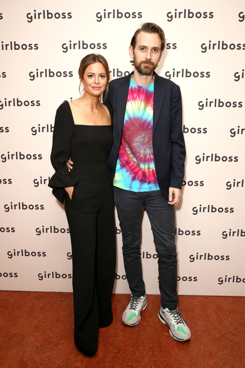 Sophia Amoruso, left, with boyfriend Galen Pehrson at the Girlboss Rally at UCLA on June 29, 2019.