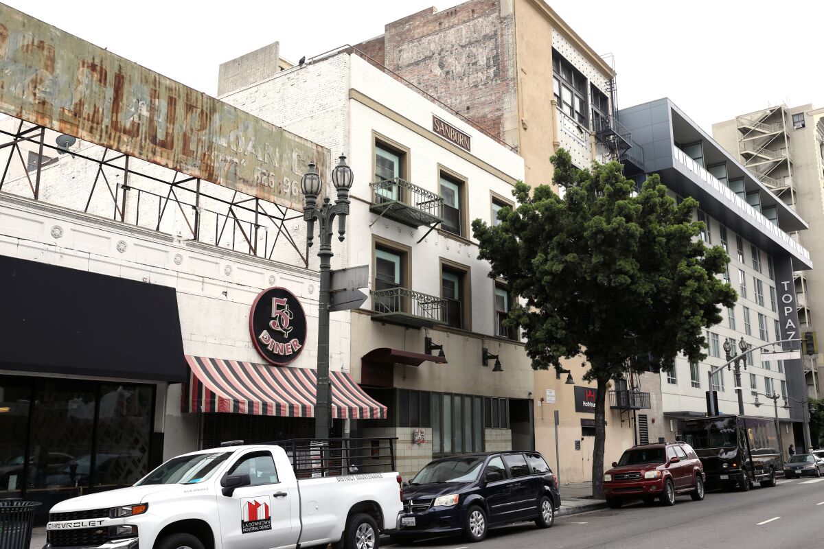 The exterior of Sanborn Hotel Apartments in downtown Los Angeles.
